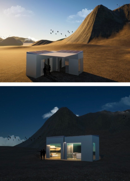 Charred Wood Cladding and Solar Panels Enhance Compact Living in Desert Environment