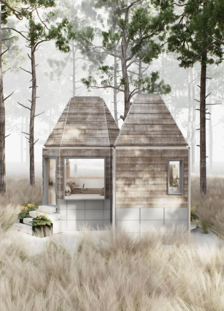 Charred Wooden Shingles and Cross-Laminated Timber in a Versatile off-Grid Microhome