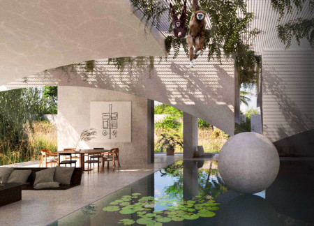 Curved Concrete and Glass Form Embracing Natural Light in Sustainable Residential Design