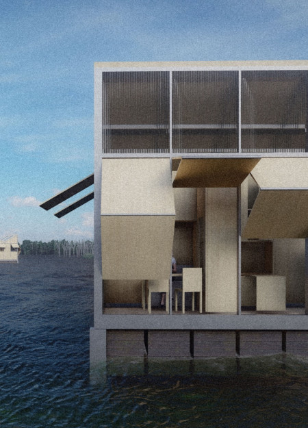 Floating Structure with Cross-Laminated Timber Panels and Water Harvesting Features