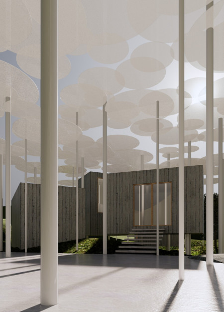 Charred Wooden Shingles and Translucent Canopy in a Residential Retreat