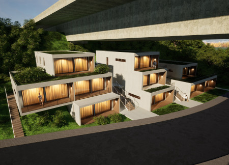 Charred Wooden Shingles and Green Roofs Transforming Urban Living Under a Bridge