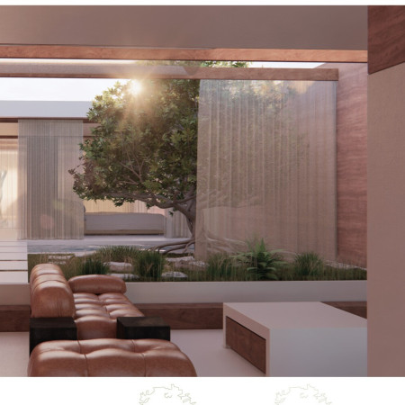 Translucent Canopy of Charred Wood and Glass in a Layered Residential Structure