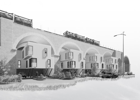 Suspended Living Spaces Featuring Steel Framing and Glass Facades Beneath a Historic Viaduct