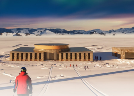 Cylindrical Design Featuring Reclaimed Stone and Metal Mesh in a Sustainable Ski Cabin