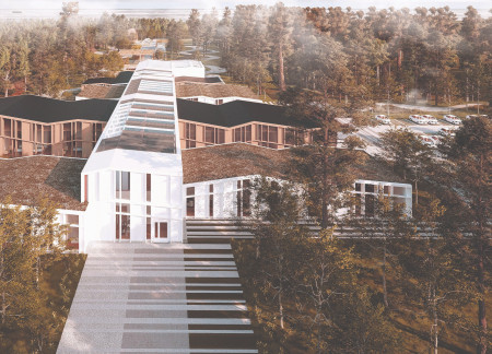 Exploring Charred Wooden Shingles and Natural Light in a Tranquil Hospice Setting