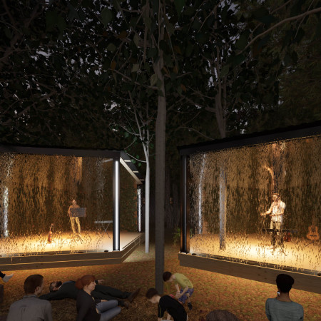Moss-Covered Walls and Pentagonal Stages Transforming Acoustic Experiences in a Forest Setting