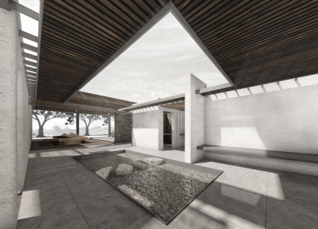 Light-Filled Spaces Enhanced by Recycled Plywood and Local Stone in Tropical Living Environment