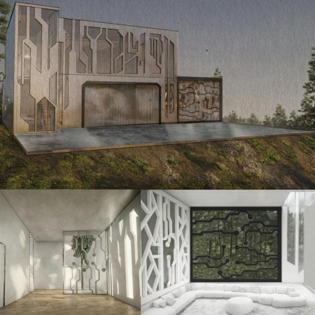 Fa&ccedil;ade Cutouts and Biophilic Design Enhance Natural Light in a Modern Home Crafted from Layered Wood and Concrete