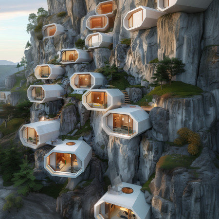 Hexagonal Living Units Constructed with High-Performance Glass and Recycled Wood Panels