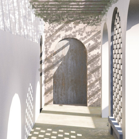 Interplay of Light Through Lattice Screens and Natural Stone in a Sustainable Family Residence