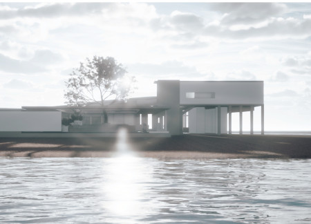 Curvilinear Form Enhanced by Natural Stone and Glass Integration for Waterfront Living