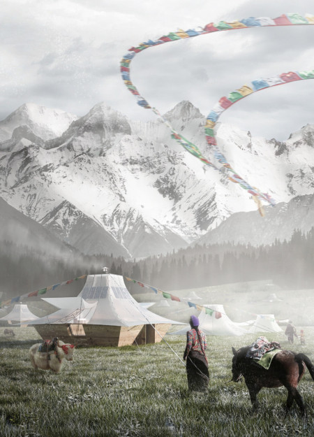 Charred Timber Shelter Integrating Solar Energy and Rainwater Harvesting for Nomadic Living