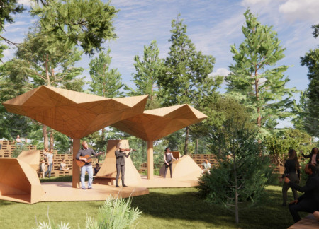 Integrated Sound Stage Crafted from Reclaimed Wood and Plywood in Akniste Forest