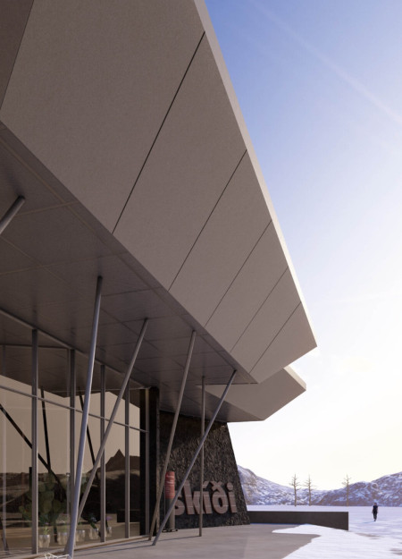 Volcanic Stone Facade and Triangular Skylights Enhance Winter Retreat Functionality