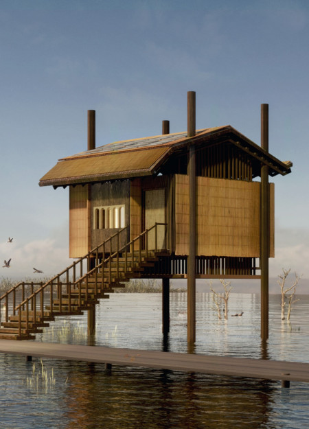 Bamboo and Cane Structured Microhome Elevated for Marshland Resilience