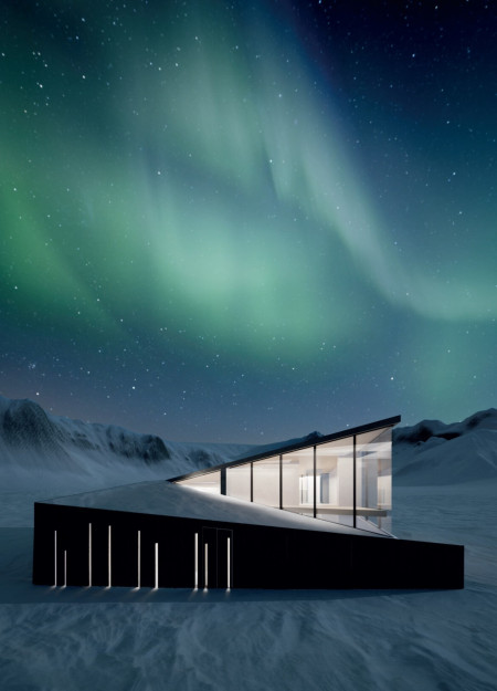 Basalt Clad Structure with Angled Roof Form Enhancing Winter Sports Experience