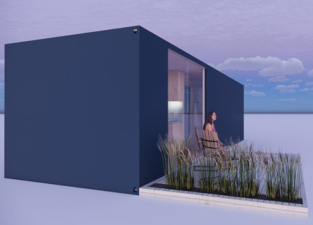 Navy-Faced Modular Housing Featuring Plywood Interiors and Integrated Rainwater Systems