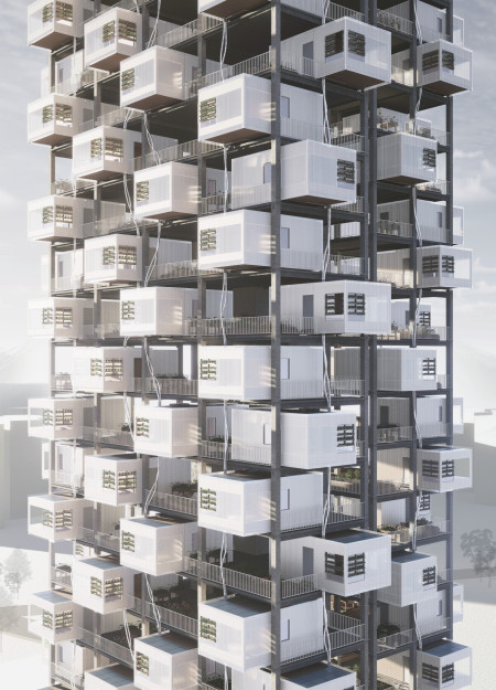 Vertical Community Housing with Modular Polycarbonate Walls and Sustainable Planting Systems