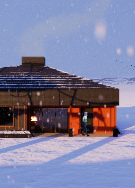 Charred Timber Shingles Enhancing Community Warmth in a Winter Retreat