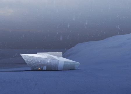 Crystalline Facade of Local Volcanic Stone and Glass Enveloping an Immersive Lodge Experience