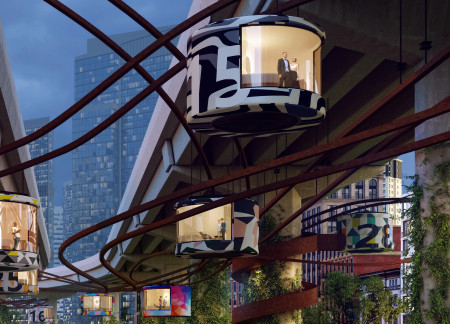 Rotating Pods of Fiberglass Integrated into Elevated Infrastructure for Sustainable Urban Living