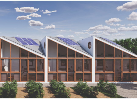 Charred Wooden Shingles and Photovoltaics Enhance Compact Community Living