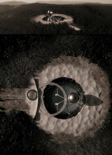 Cracked Sphere with Cascading Water Crafted from Reclaimed Materials Integrating Community Spaces