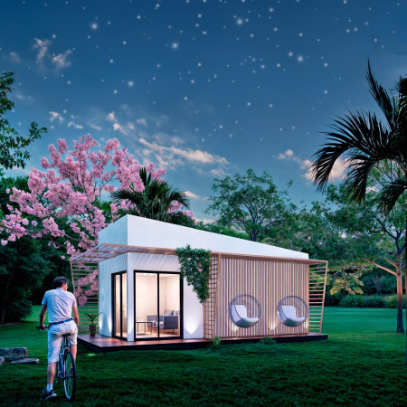 Modular Steel Frame Microhome with OSB Panels and Rainwater Harvesting Systems
