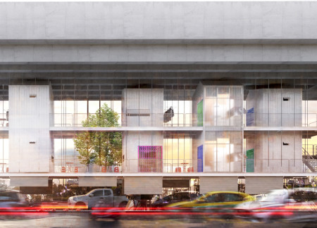 Suspended Structure Featuring Reinforced Concrete and Open Marketplace for Urban Living