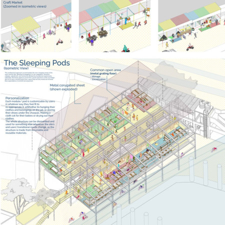 Modular Steel Sleeping Pods Enhanced with Corrugated Metal in an Urban Marketplace