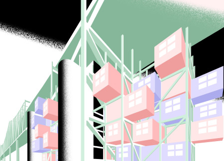 Elevated Modular Housing with Steel Framework and Transparent Facades Amidst Urban Greenery