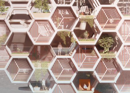 Repurposed Bridge Structure Featuring Hexagonal Modules and Vertical Gardens in Urban Environment