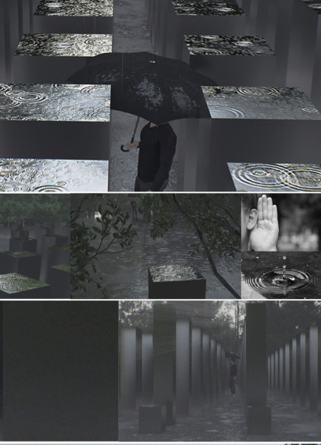 Reflective Water Features Enhancing Contemplation Within Textured Concrete and Steel Structures