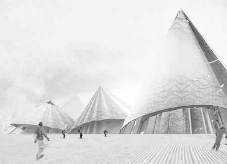 Textured Wood Canopies in a Community Shelter Designed for Seasonal Adaptability