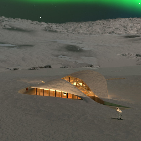 Turf-Embedded Cabin Featuring Sustainable Wooden Elements in Iceland's Winter Landscape