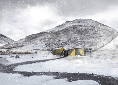 Bitumen and Aluminum Blend in a Sustainable Ski Retreat Featuring Natural Wood Elements