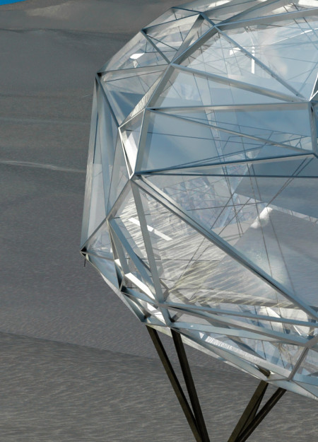 Suspended Aluminum Mirrors and Transparent Glass Illuminate Elevated Recreational Space