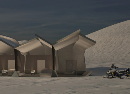 Curved Glass Facades and Recycled Wood Create a Community Space Embracing Glacial Inspiration