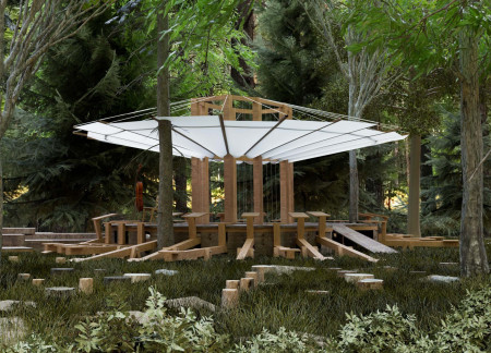 Sculptural Space Integrating Recycled Rubber and Acoustic Harmonies in a Natural Setting