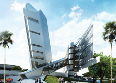 Recycled Wood and Aluminum Panels Forming a Dynamic Urban Hub