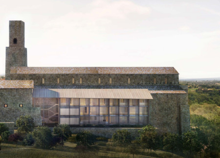 Charred Wooden Shingles and Natural Stone Integration in a Reflective Community Archive