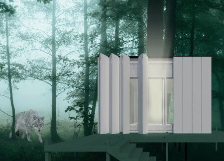 Hempcrete Serenity with Vertical Louvers in a Forested Retreat