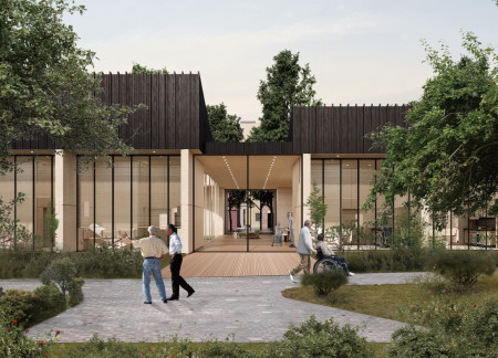 Charred Wooden Shingles and Expansive Glass Fa&ccedil;ades in a Community-Centric Hospice Design