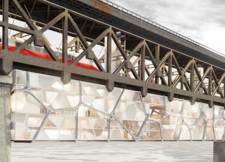 Transparent Steel and Natural Wood Habitat Beneath a Historic Bridge