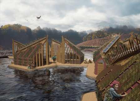 Floating Bamboo Shelters with Solar Integration for Sustainable Reforestation Efforts