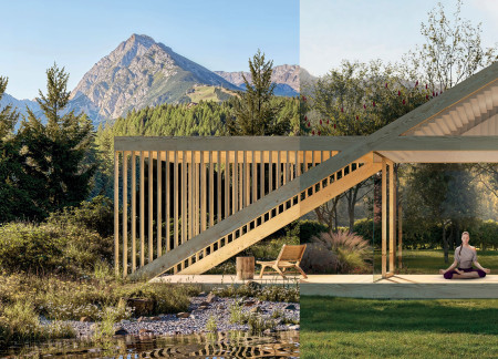 Sustainable Woodland Dwelling with Laminated Veneer Lumber and Natural Stone Integration