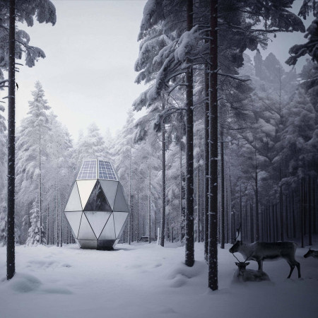 Geometric Eco-Cabin with Zinc Cladding and Water-Collecting Roof Constructed from Timber Panels
