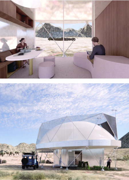 Geodesic Habitat Built with Insulated Sandwich Panels and Textile Fog Nets for Sustainable Living