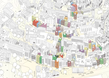 Charred Wooden Shingles and Limestone Facades Enriching Historical Urban Fabric